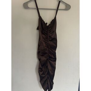 Divided H&M Brown Ruched Midi Slip Dress XS chocolate bodycon cami satin stretch